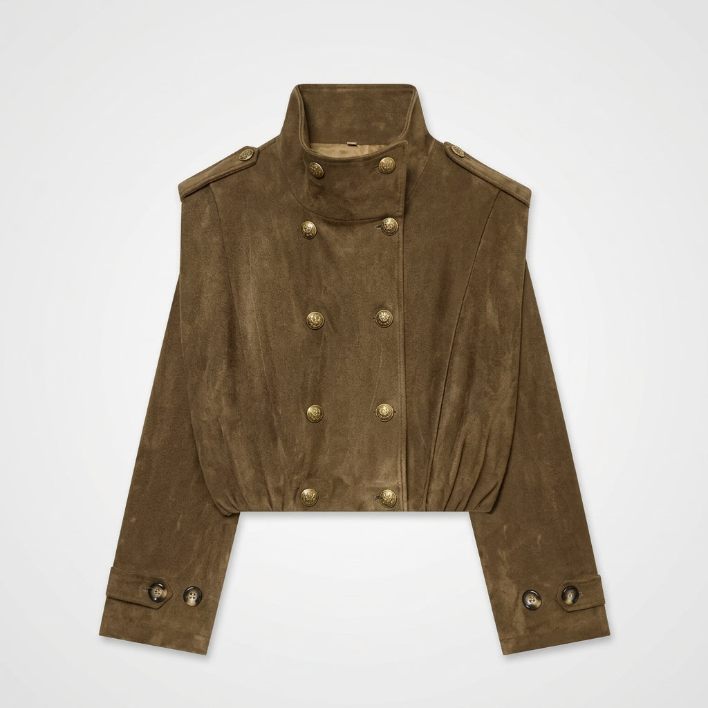 A cropped brown suede jacket with a high stand collar, double-breasted buttons, and shoulder epaulets, shown flat on a white background.