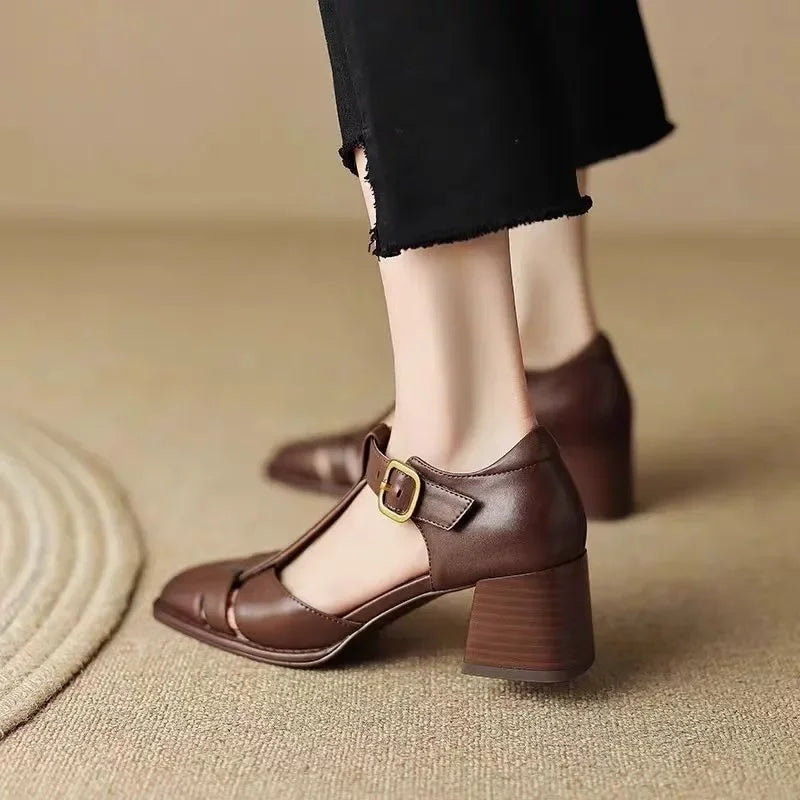 Leather French Block Heels Shoes