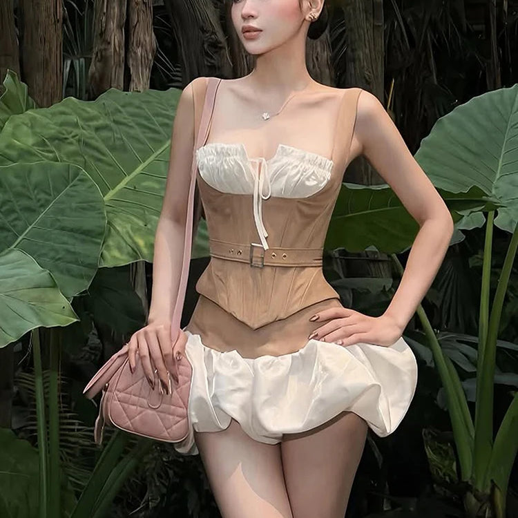 Belt Decoration Vest Puffy Skirt Set