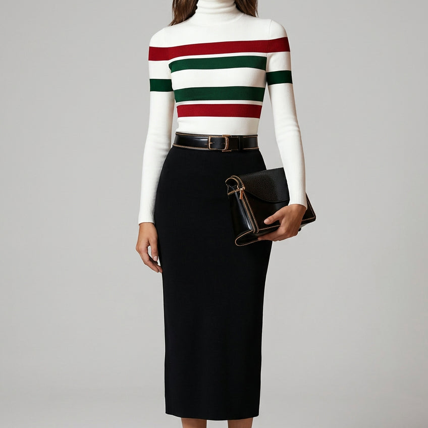 Person wearing a white turtleneck with red, green, and white horizontal stripes, holding a black clutch.
