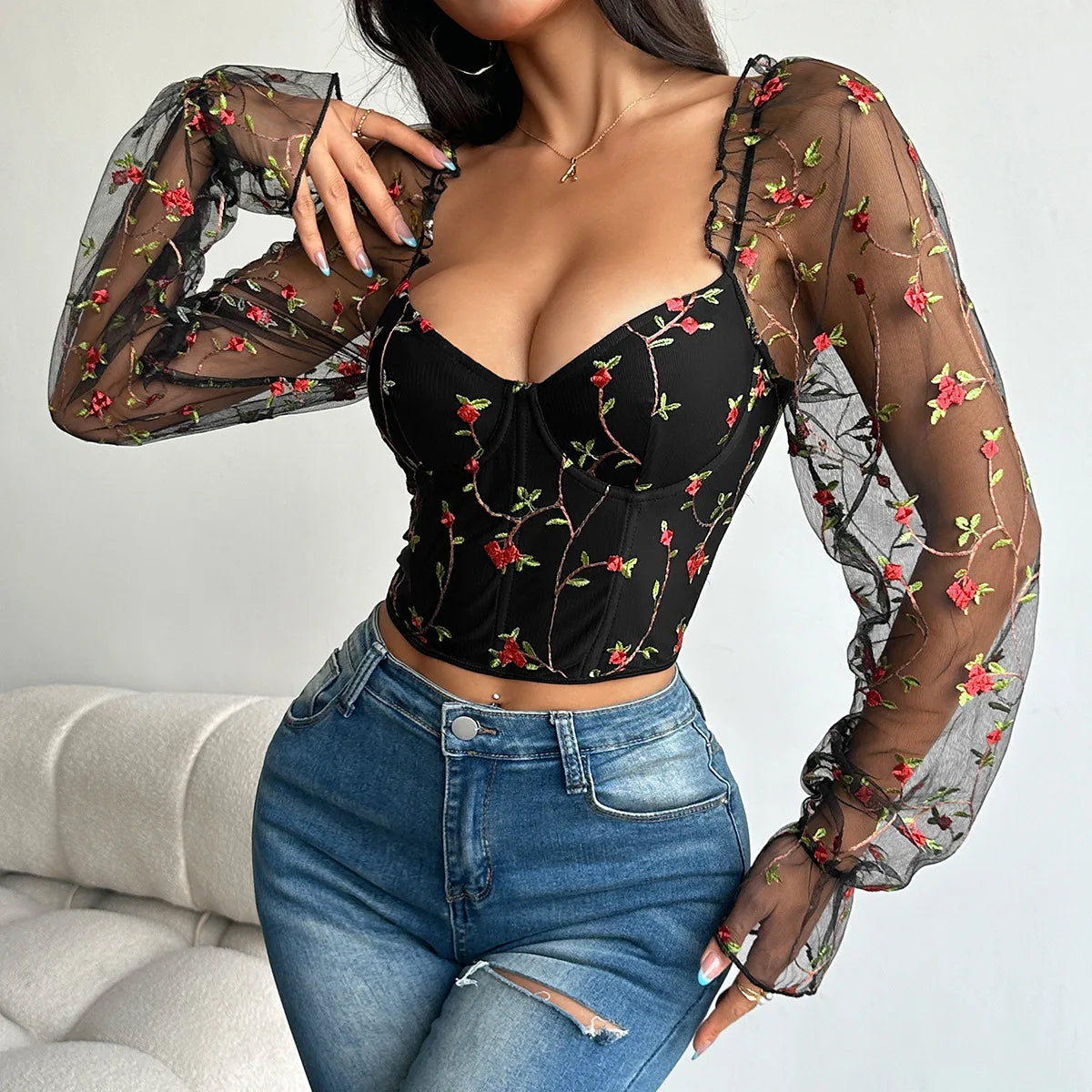 Flower Embroidery Lace Bustier