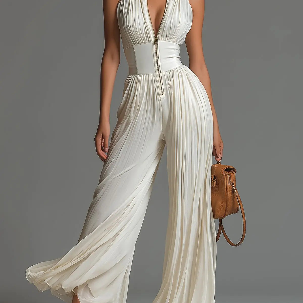 V-Neck Pleated Zip-Front Jumpsuit
