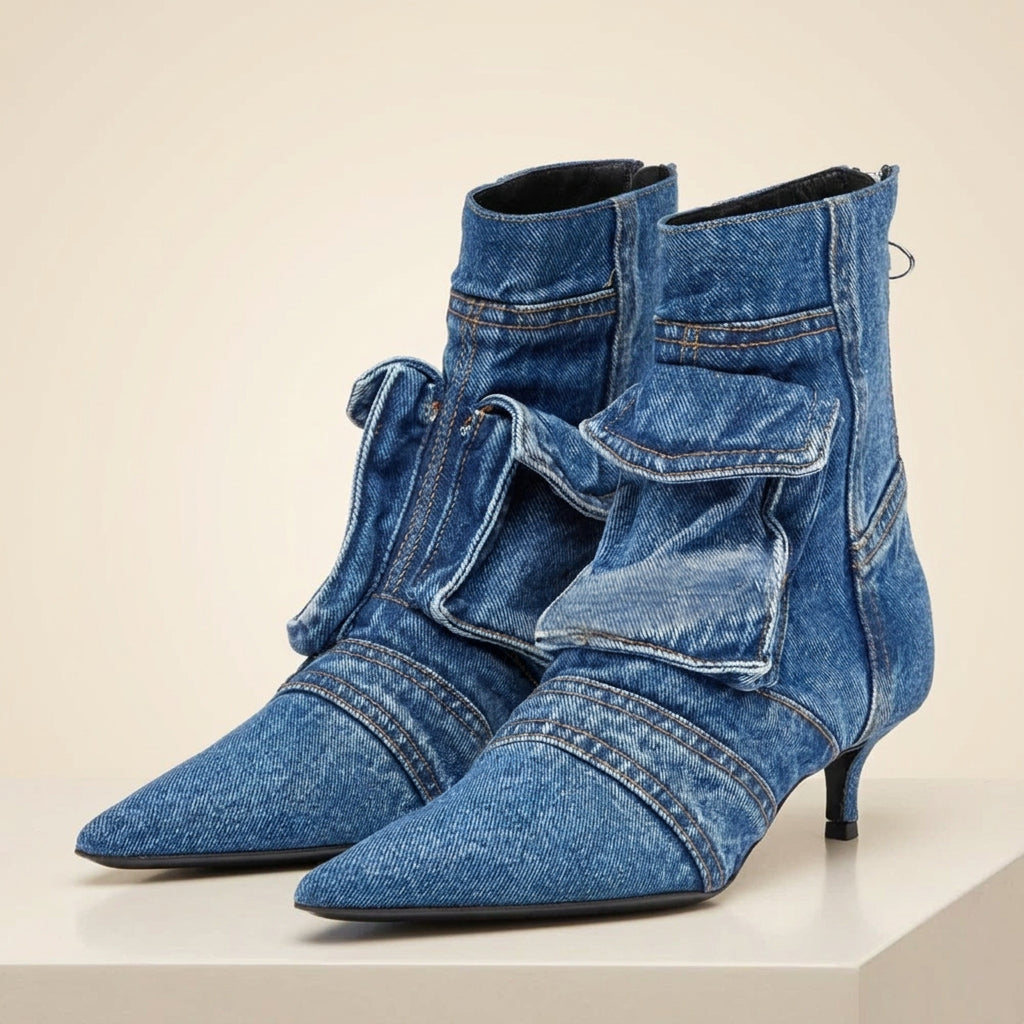 Washed Denim Pocket Thin-Heels Boots