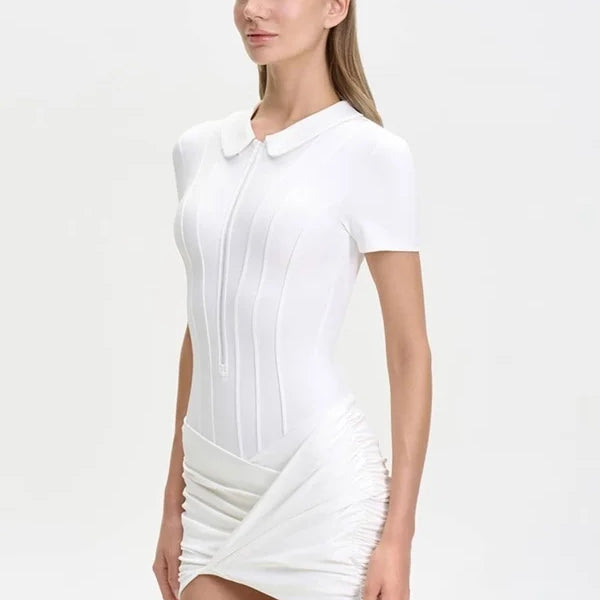 Solid Ruched Polo Collar Mini Dress