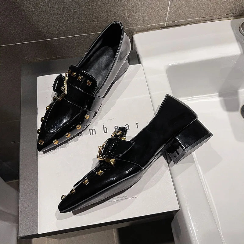 Rivet Pointed Toe Square Heel Loafers
