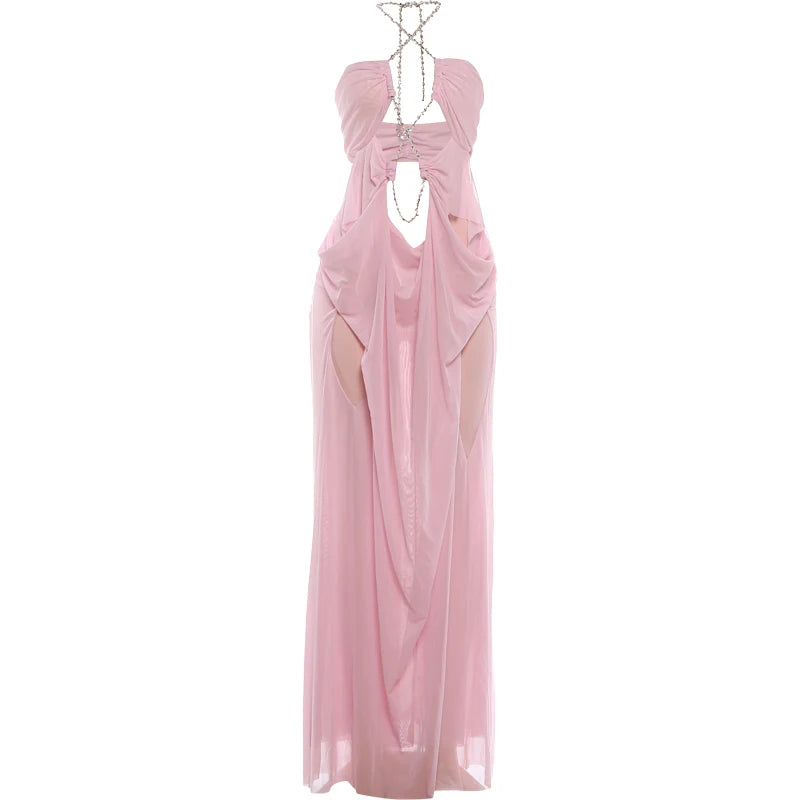 See-Through Halter Chain Backless Long Dress