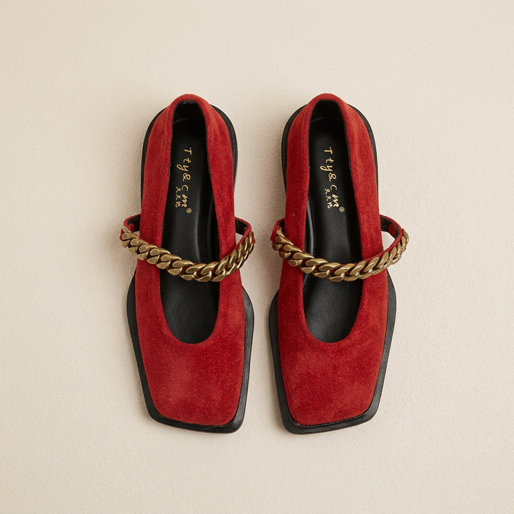 Chain Retro Square Toe Low Heel Shoes