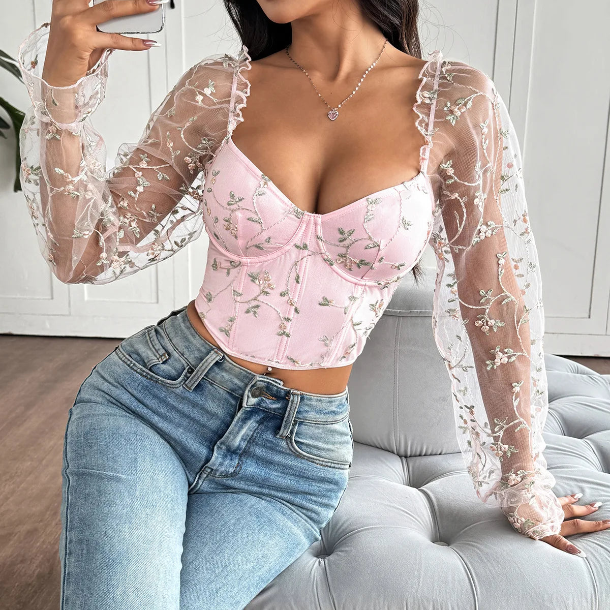 Flower Embroidery Lace Bustier