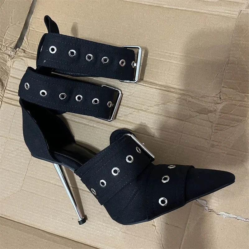 Rivet Buckle Metal Hollow Heels Shoes