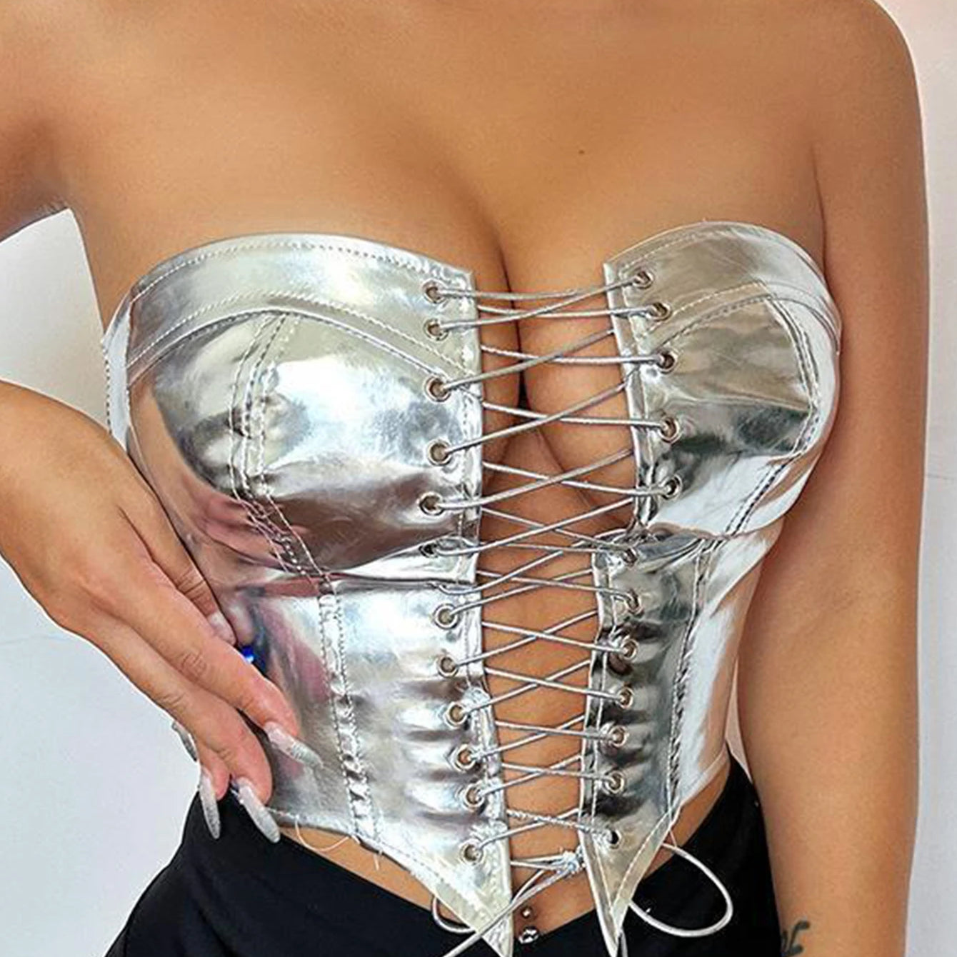 Metallic Color Lace-Up Front Crop Top