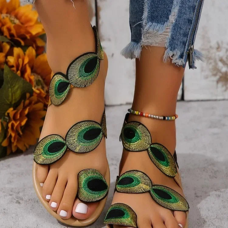 Peacock Feather Embellished Flat Sandals