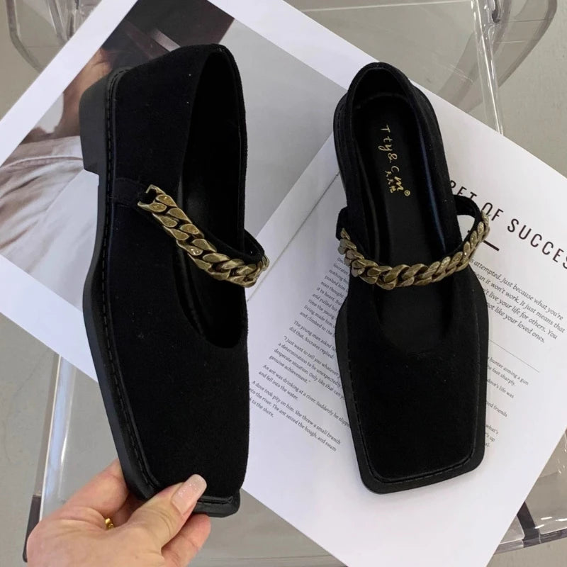 Chain Retro Square Toe Low Heel Shoes