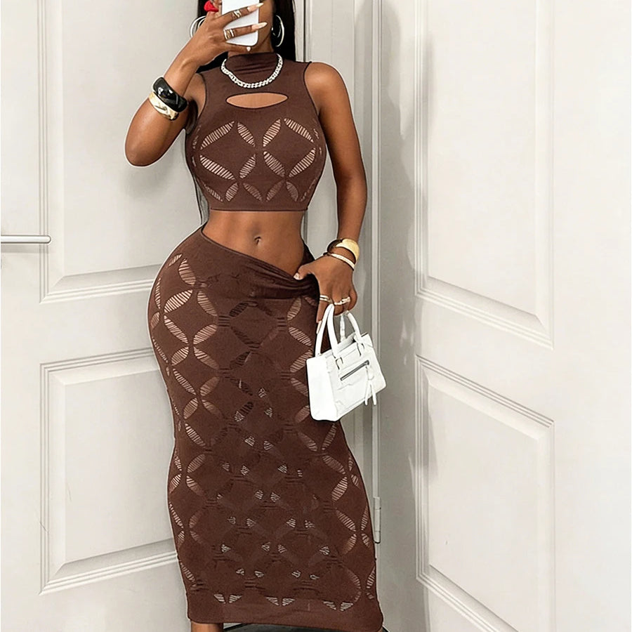 Sheer Mesh Hollow-Out Skirt Set