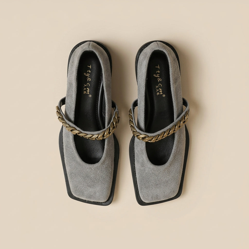 Chain Retro Square Toe Low Heel Shoes
