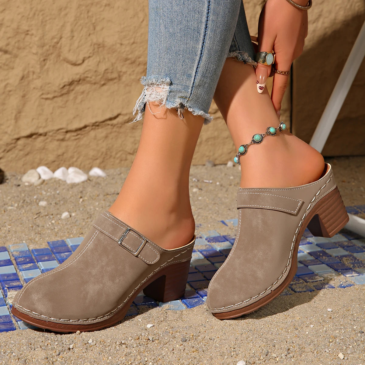 Closed Toe Block Heel Mules Shoes