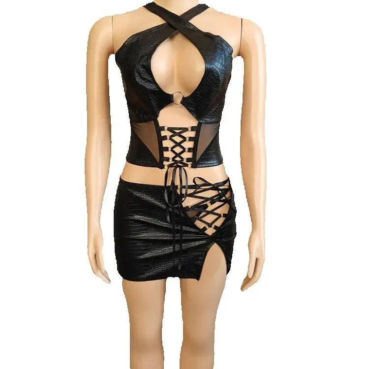 Halter Hollow Backless Irregular Skirt Set