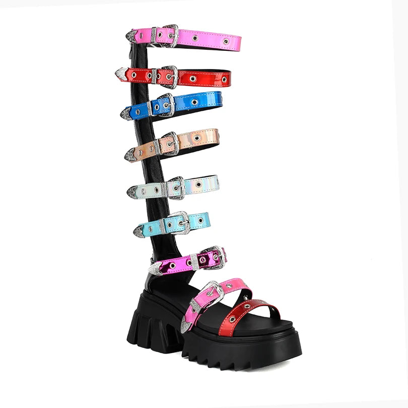 Leather Colorful Buckle Zip-Up Sandals