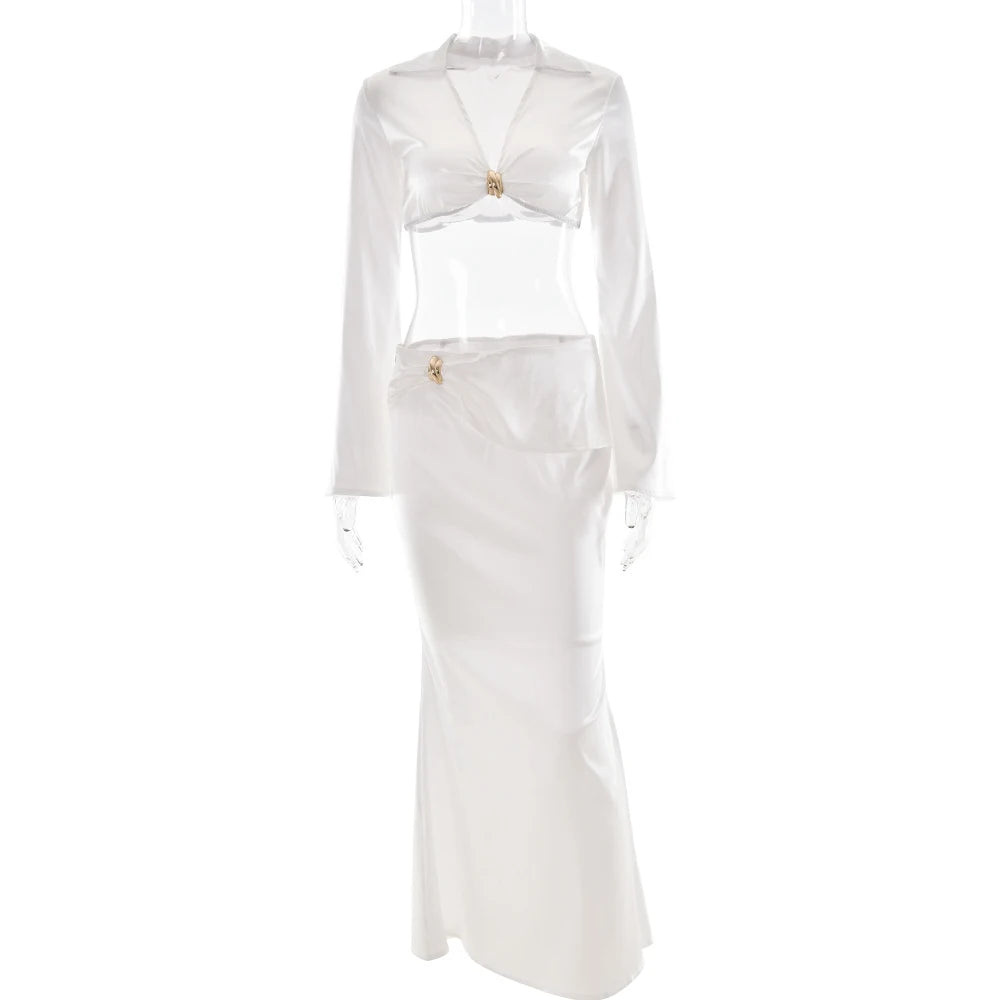 White Satin Spliced Metal Skirt Set