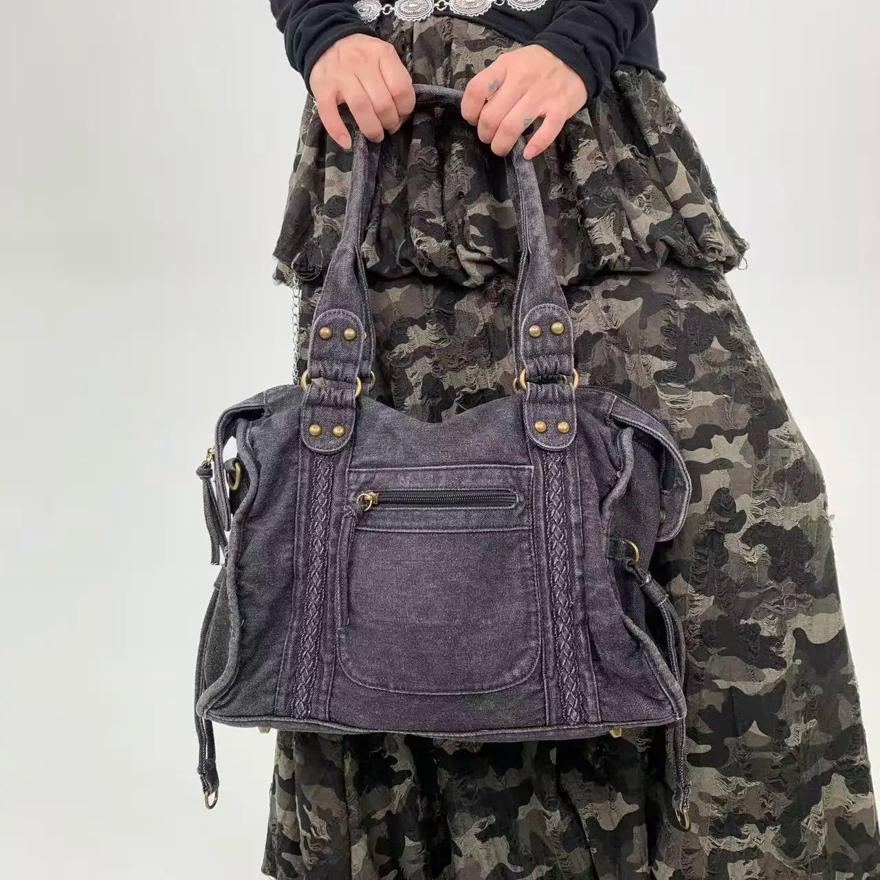 Multiple Pockets Denim Style Shoulder Bag