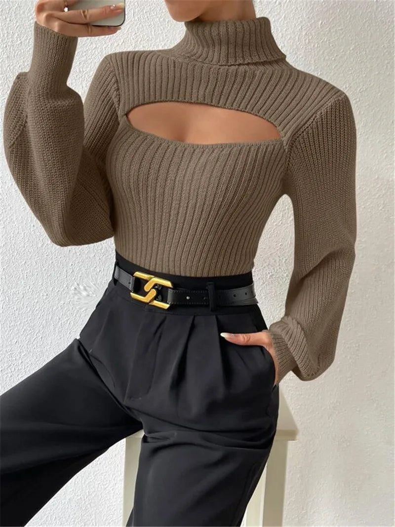 Hollow Front Style Turtleneck Sweater
