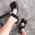 Black Square Toe Button Pump Shoes