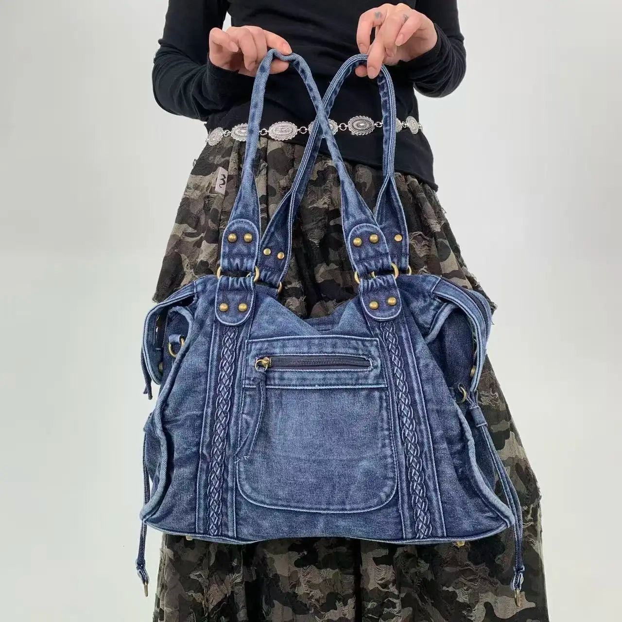 Multiple Pockets Denim Style Shoulder Bag