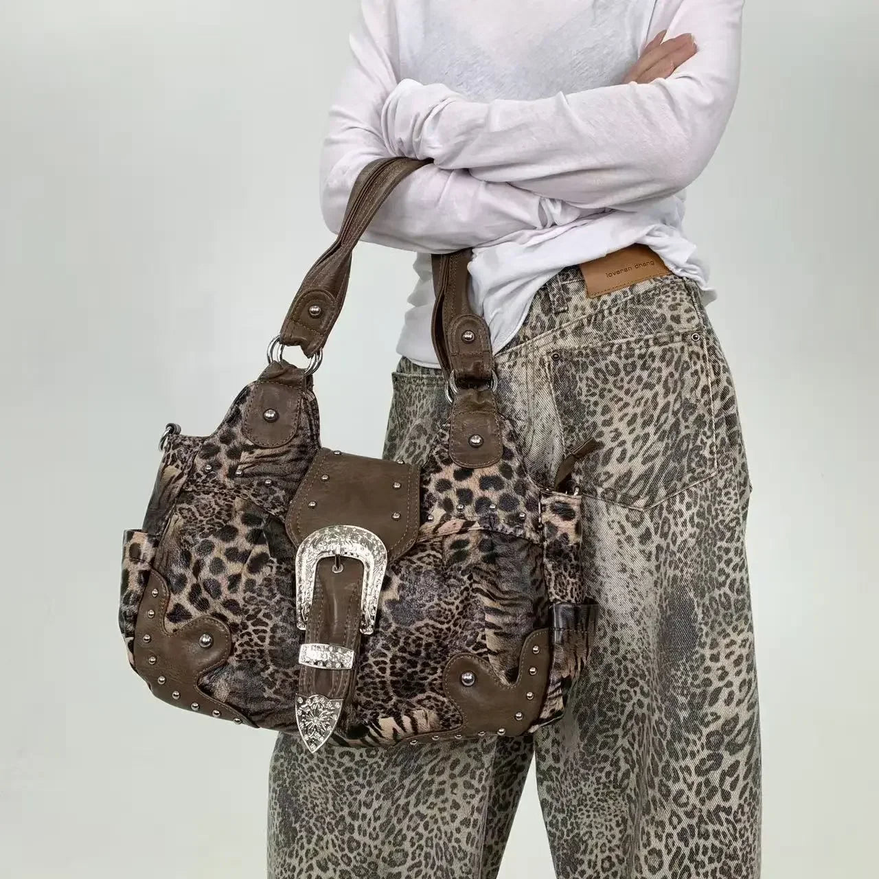 Leopard Print Patchwork Shoulder Bag