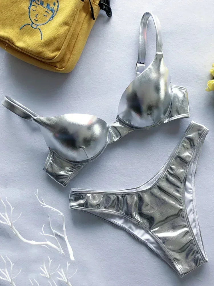 Shiny Faux Leather Underwired Bikini