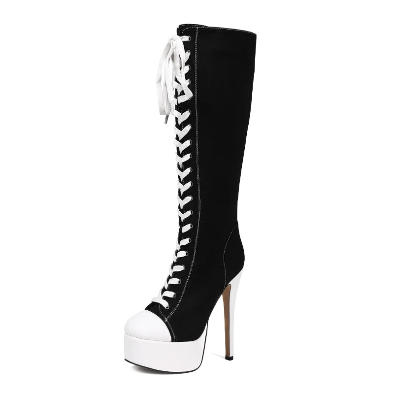 Platform Lace-Up Zipper Knee-High Boots