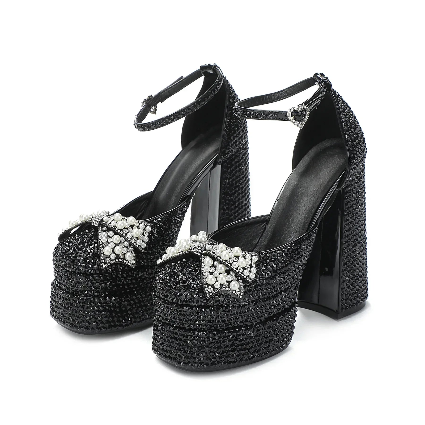 Pearl Beads Rhinestone Chunky Heels Shoes
