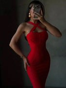 Halter Red Bodycon Midi Dress