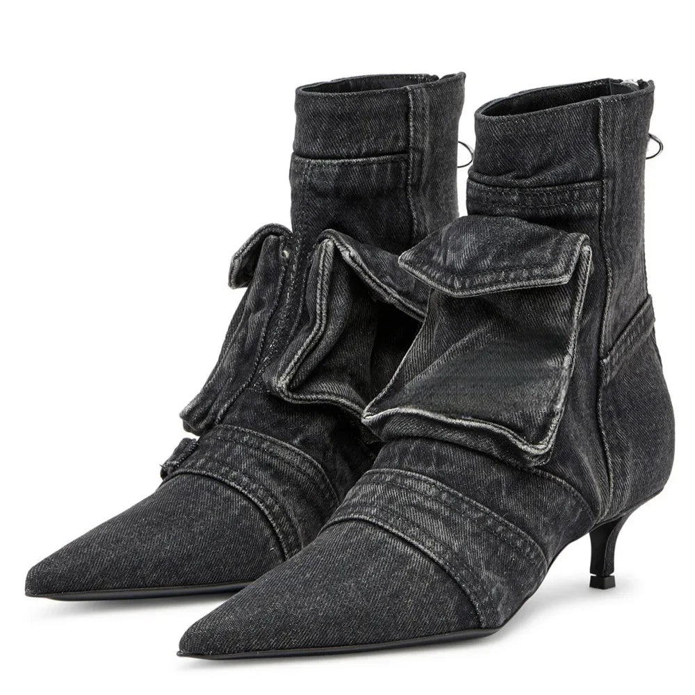 Washed Denim Pocket Thin-Heels Boots