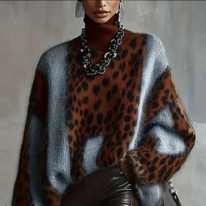 Patchwork Leopard Turtleneck Sweater