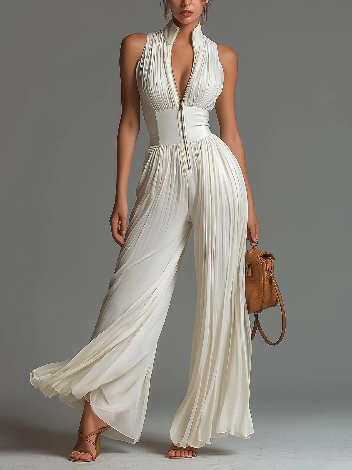 V-Neck Pleated Zip-Front Jumpsuit