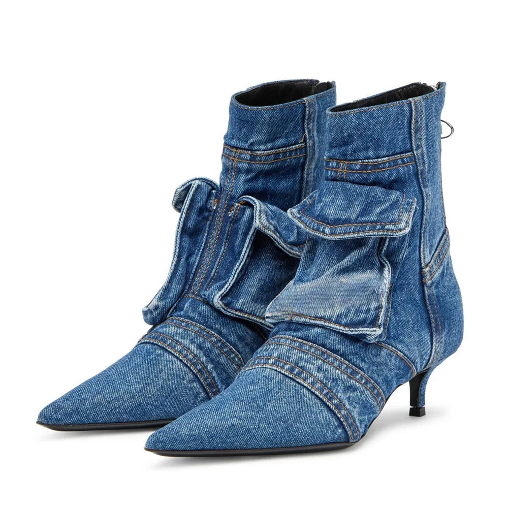 Washed Denim Pocket Thin-Heels Boots