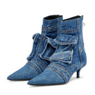 Washed Denim Pocket Thin-Heels Boots