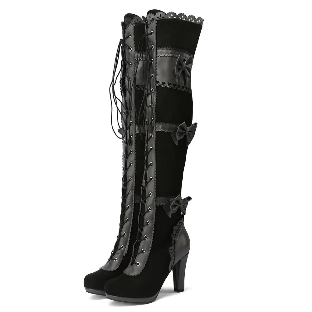 Lace Up Bow Gothic Over-The-Knee Boots