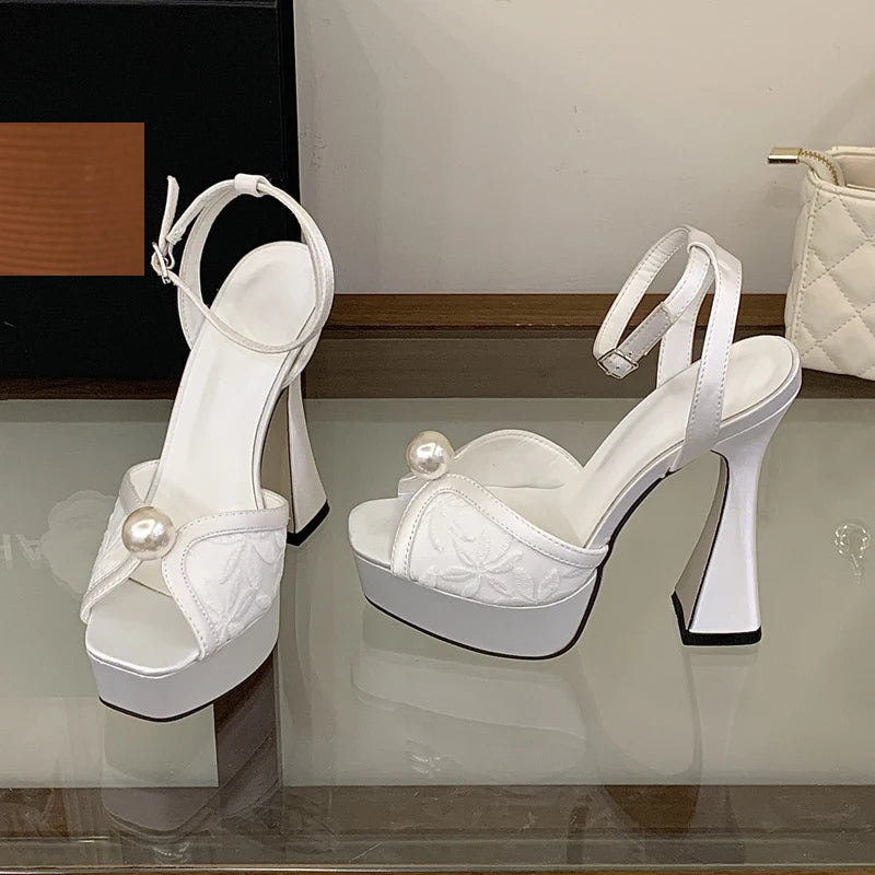 Buckle Strap Pearl Decor Pump Sandals