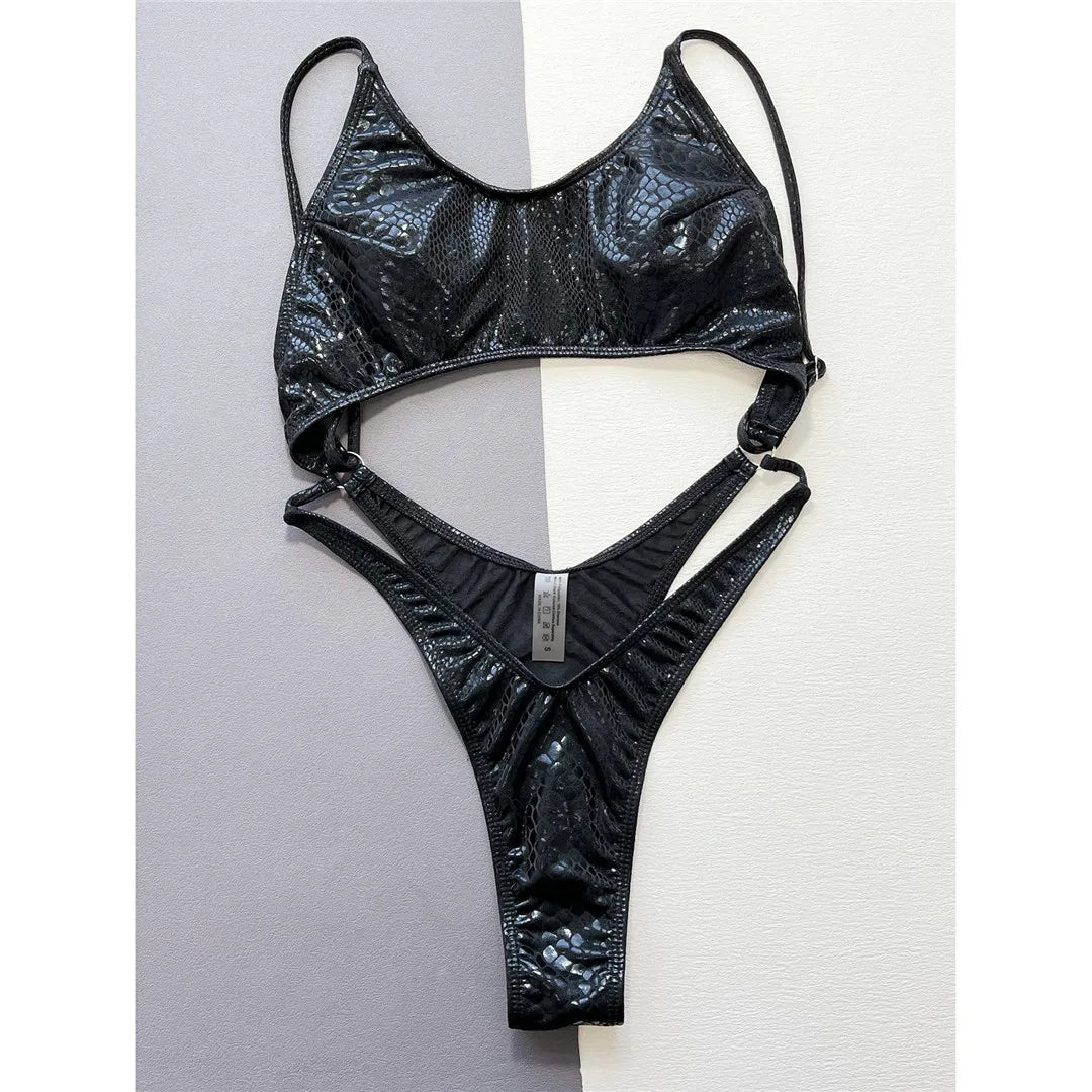 Black Snake Skin Tummy Cut Monokini