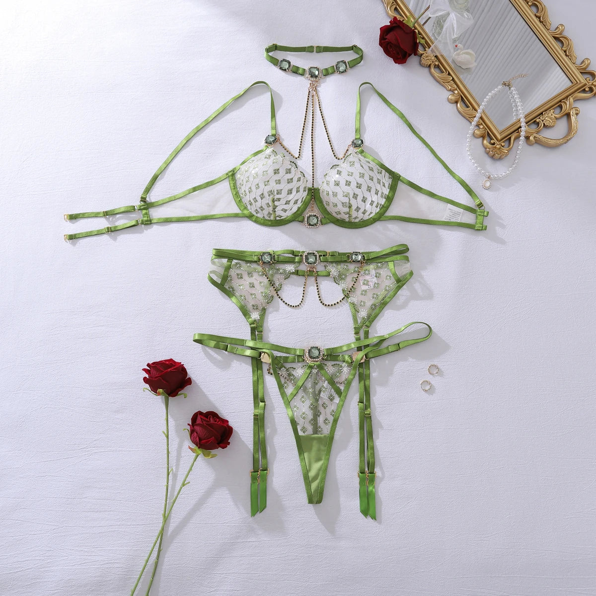 Sheer Green Embroidery Lingerie