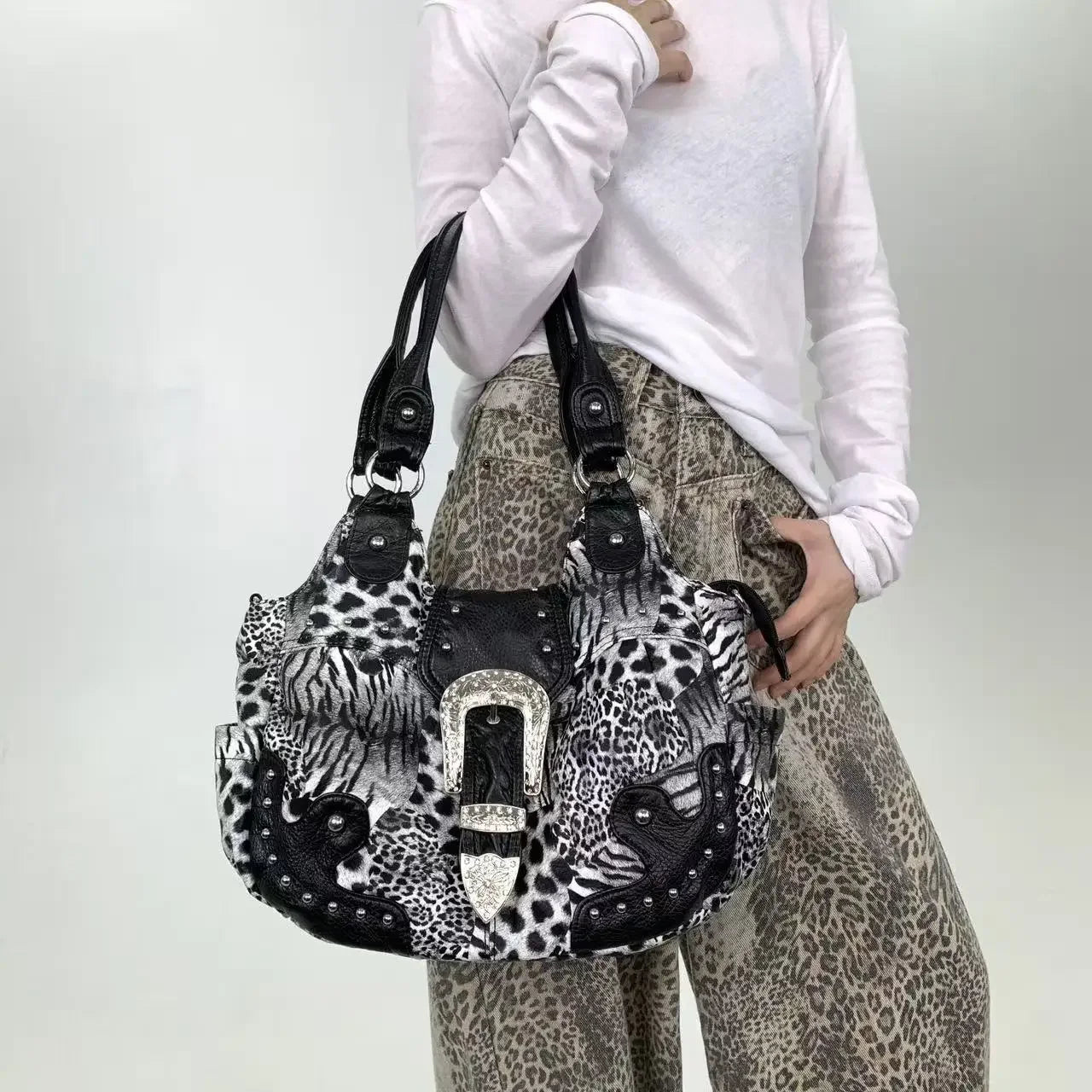 Leopard Print Patchwork Shoulder Bag