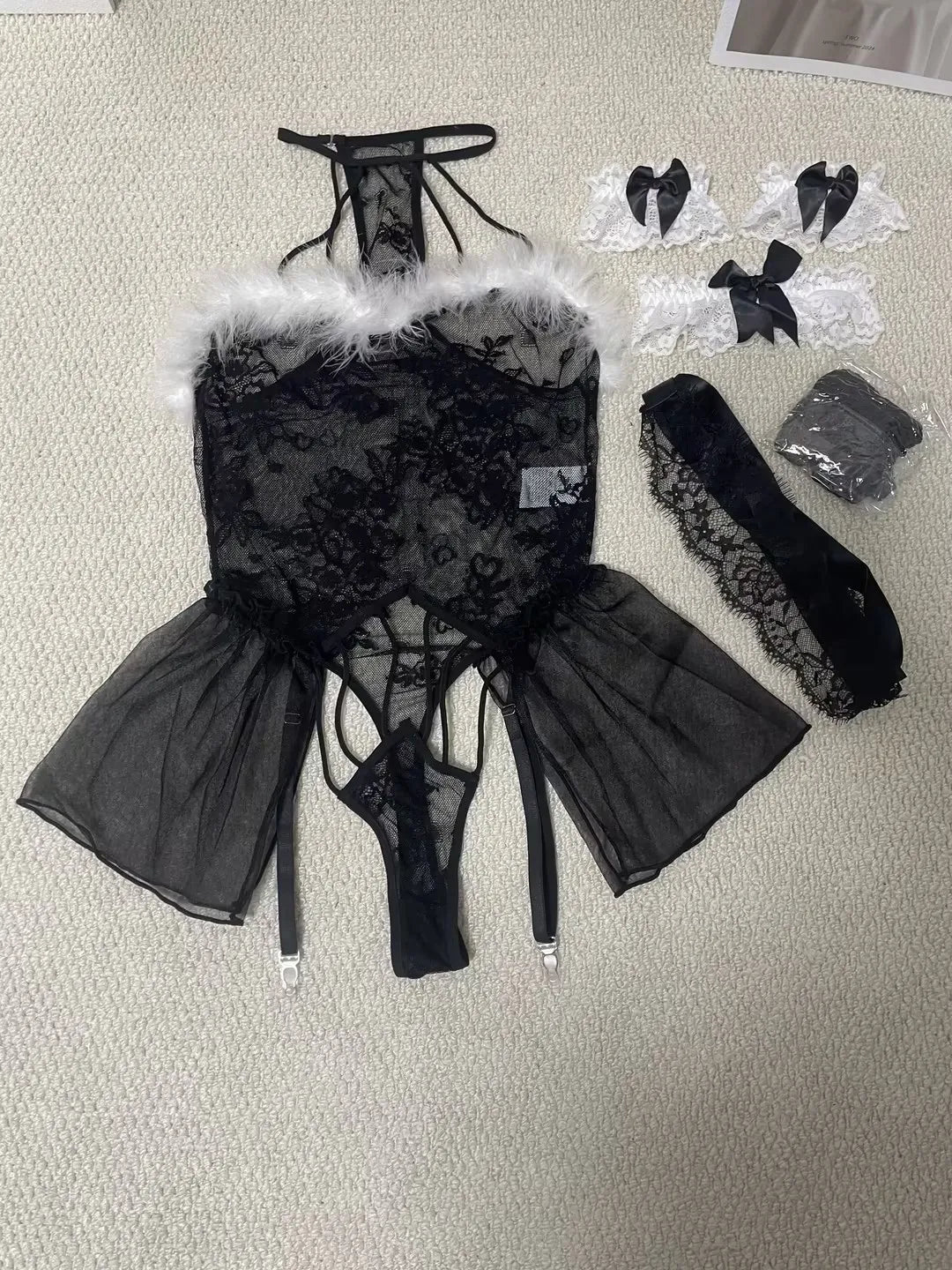 Sheer Floral Lace Feather Trim Teddies