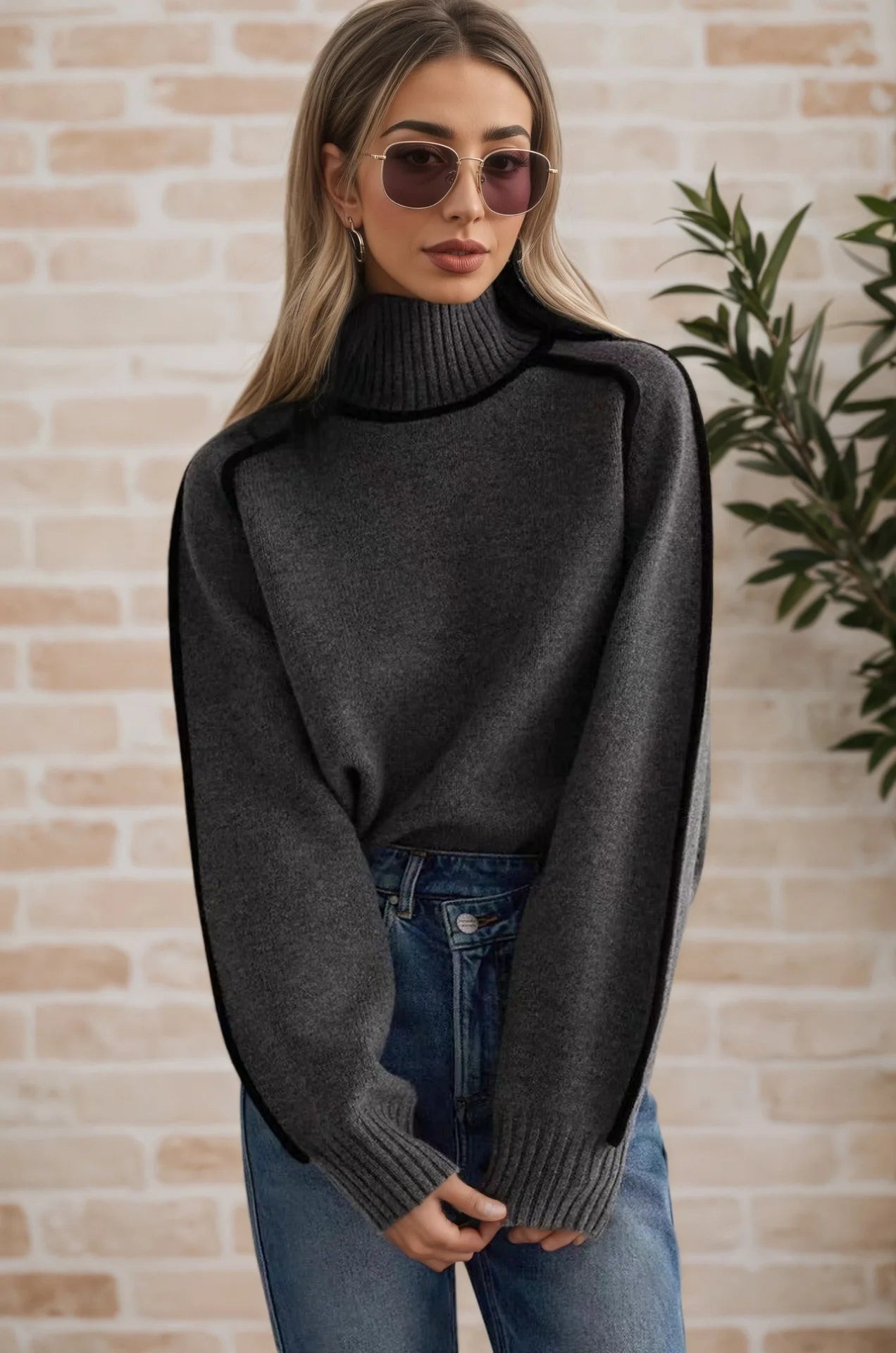 Black Lined Pullover Soft Sweater