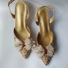 Gold-Brown Rhinestones Bow Matching Clutch Slingback Set