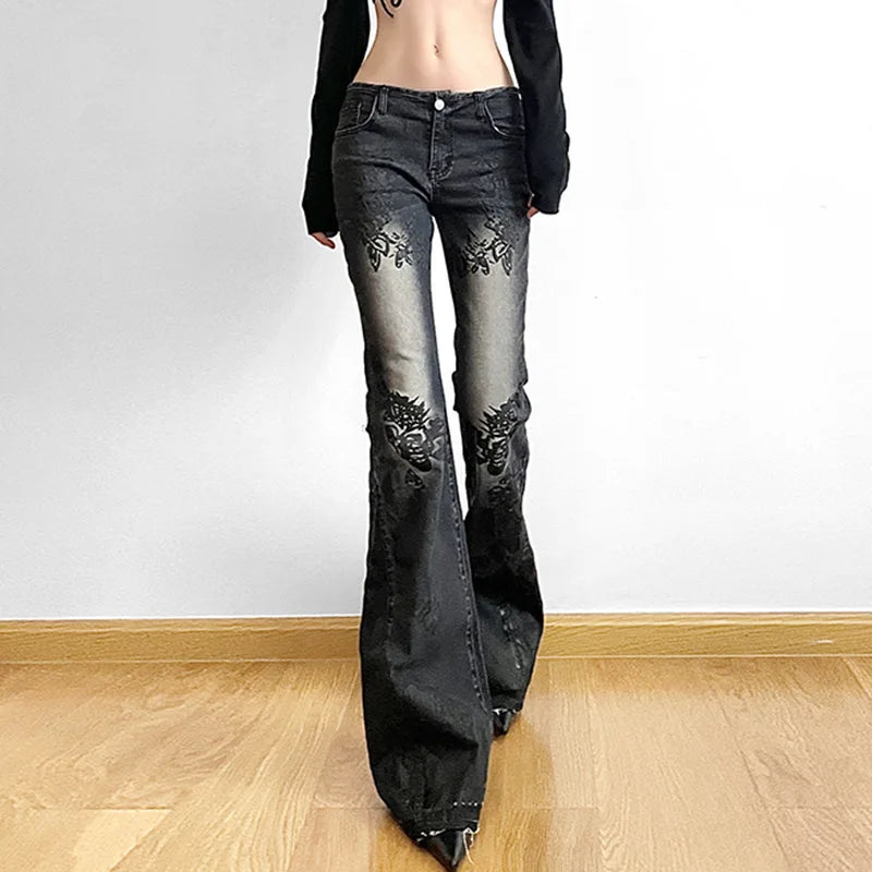 Floral Print Low Waist Flared Jeans
