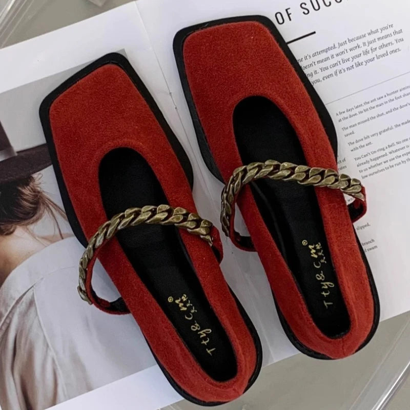 Chain Retro Square Toe Low Heel Shoes
