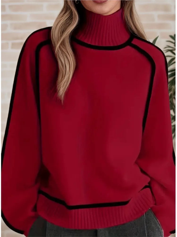 Three-Dimensional Striped Turtleneck Sweater