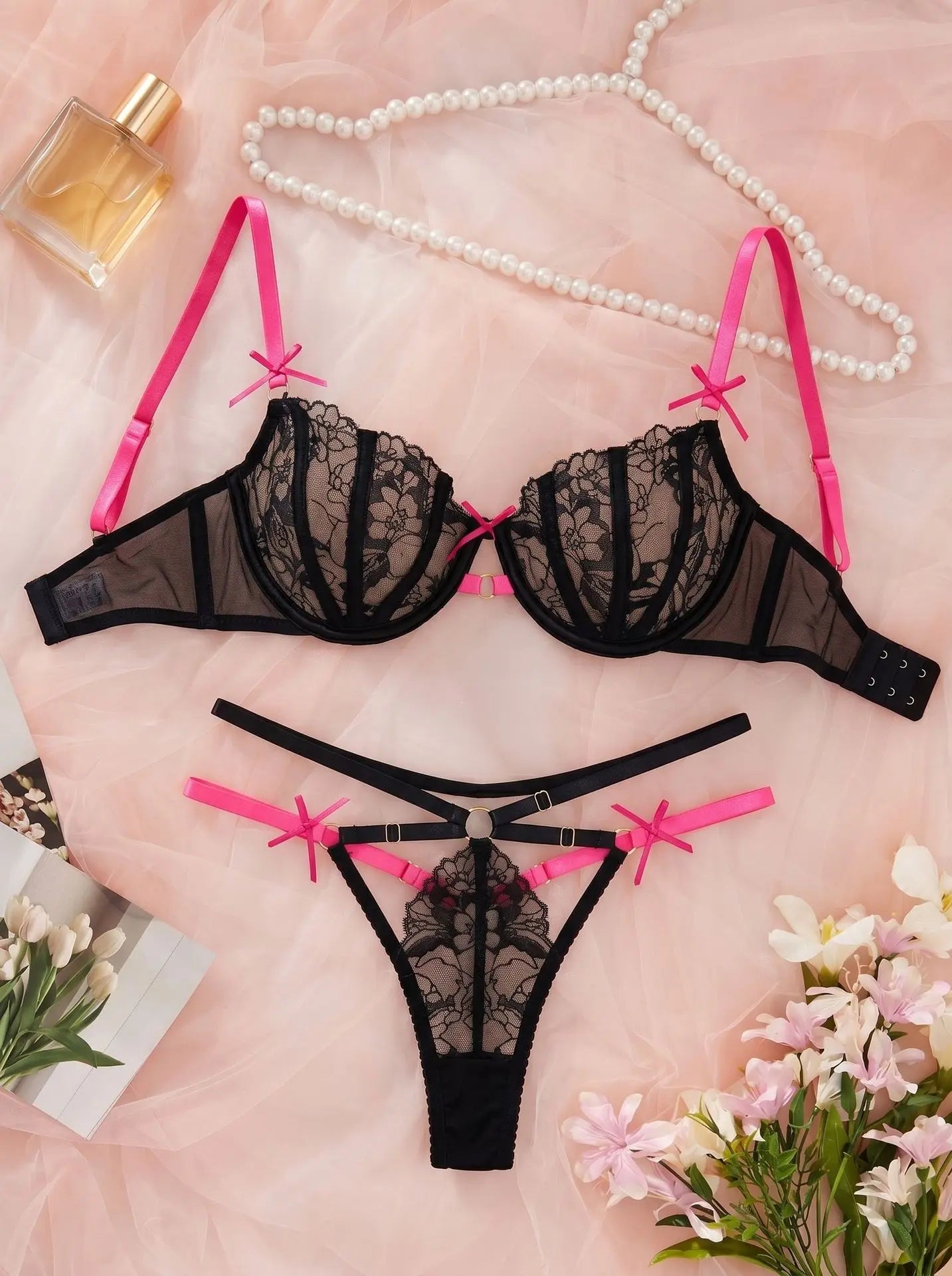 Black Cute Pink Bowknot Lingerie