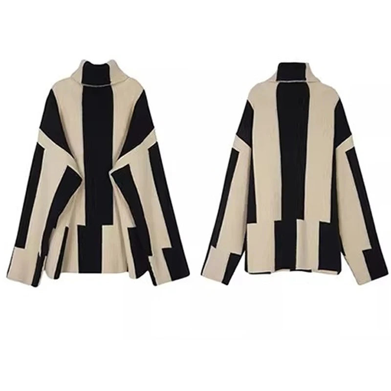 Vertical Wide Stripe Textured Turtleneck Sweater