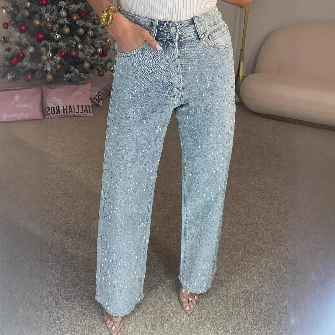 Rhinestone High Waist Straight Jeans